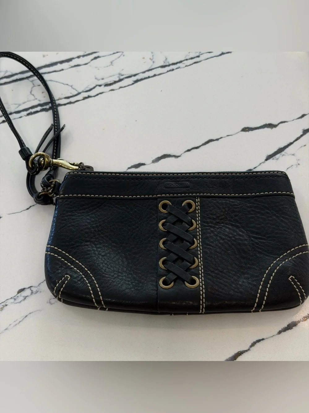 Coach Black Leather Wristlet with Brass Eyelet Lace Detail - Picture 1 of 16